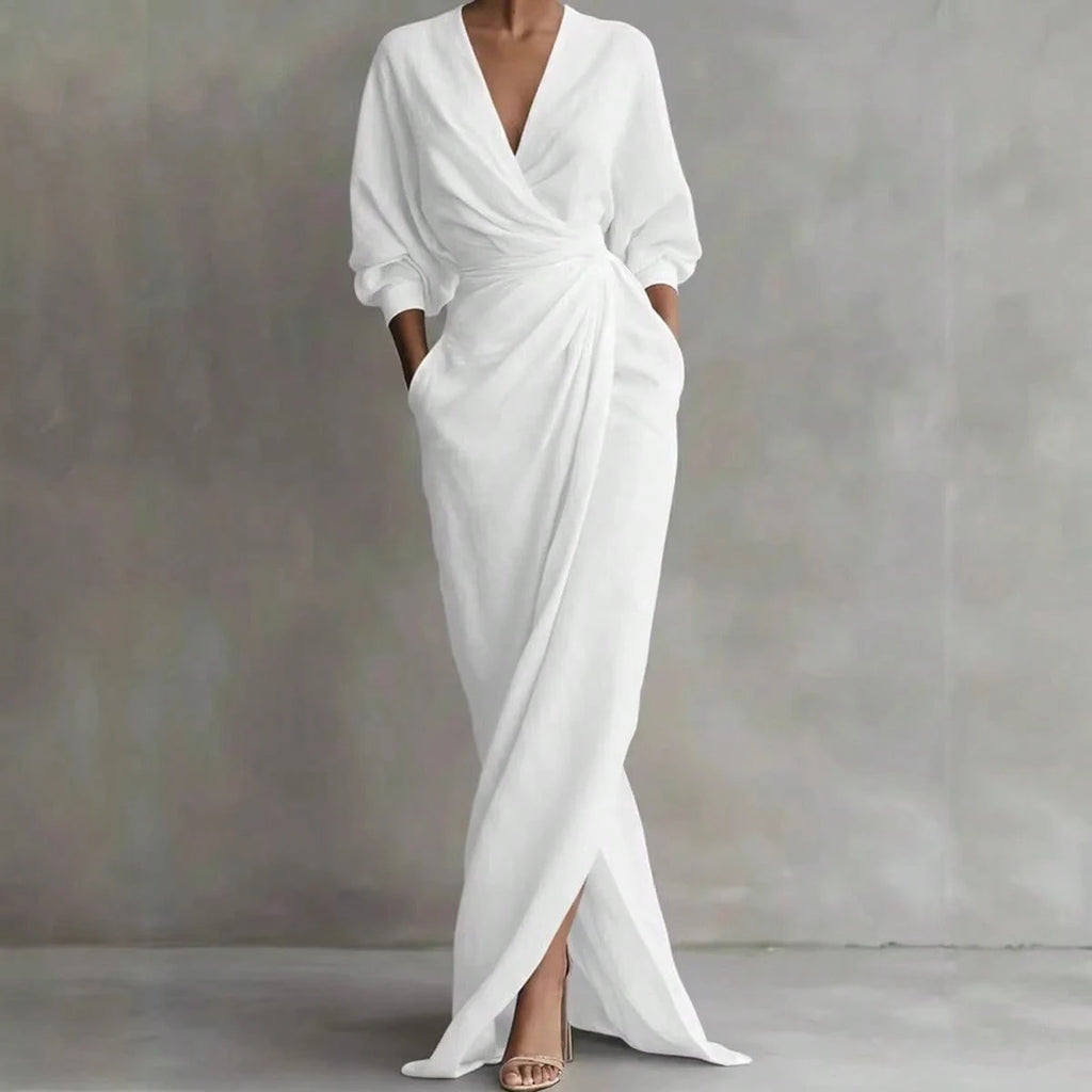 2026 New Solid V Neck Long Sleeve Dress Women Split Hem Waist Slim