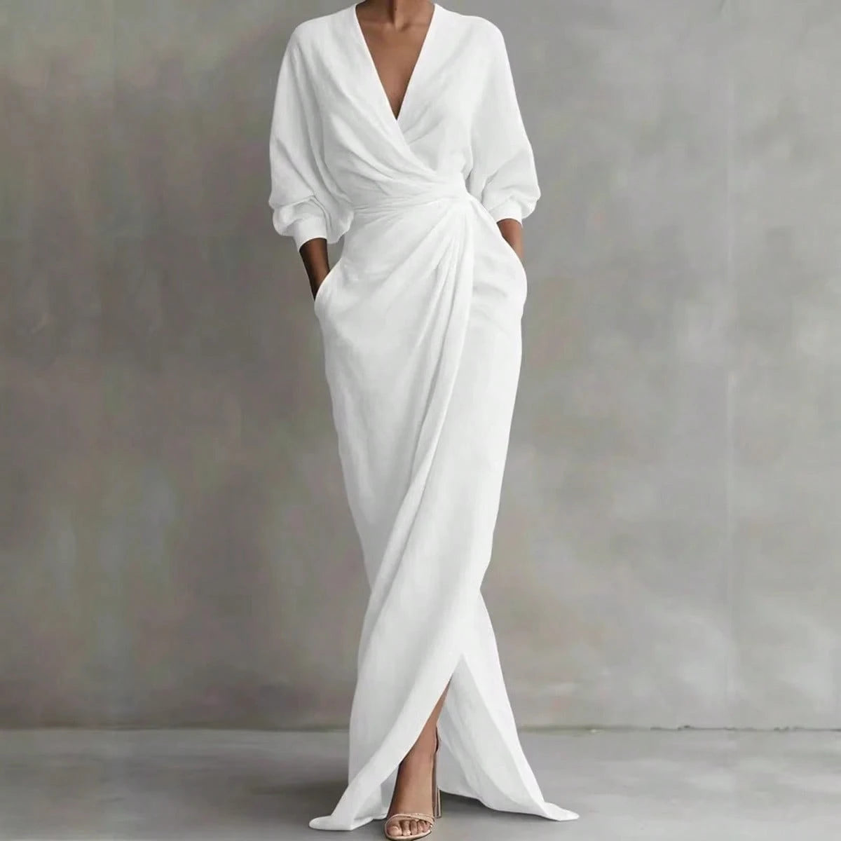 2026 New Solid V Neck Long Sleeve Dress Women Split Hem Waist Slim