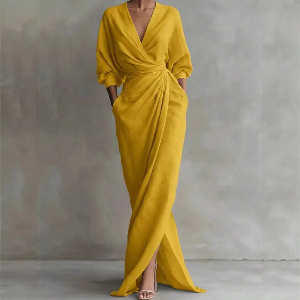 2026 New Solid V Neck Long Sleeve Dress Women Split Hem Waist Slim
