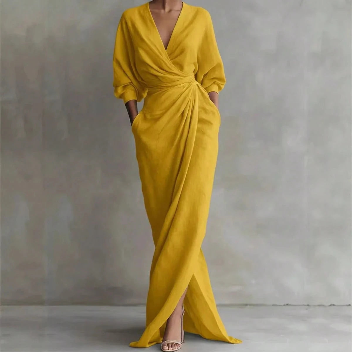 2026 New Solid V Neck Long Sleeve Dress Women Split Hem Waist Slim