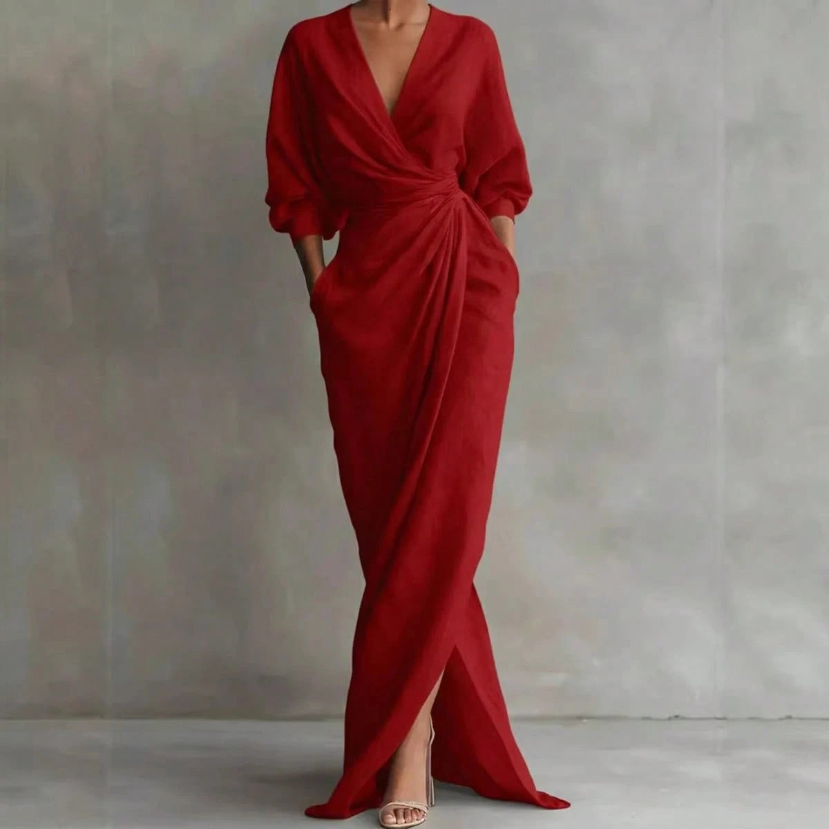 2026 New Solid V Neck Long Sleeve Dress Women Split Hem Waist Slim