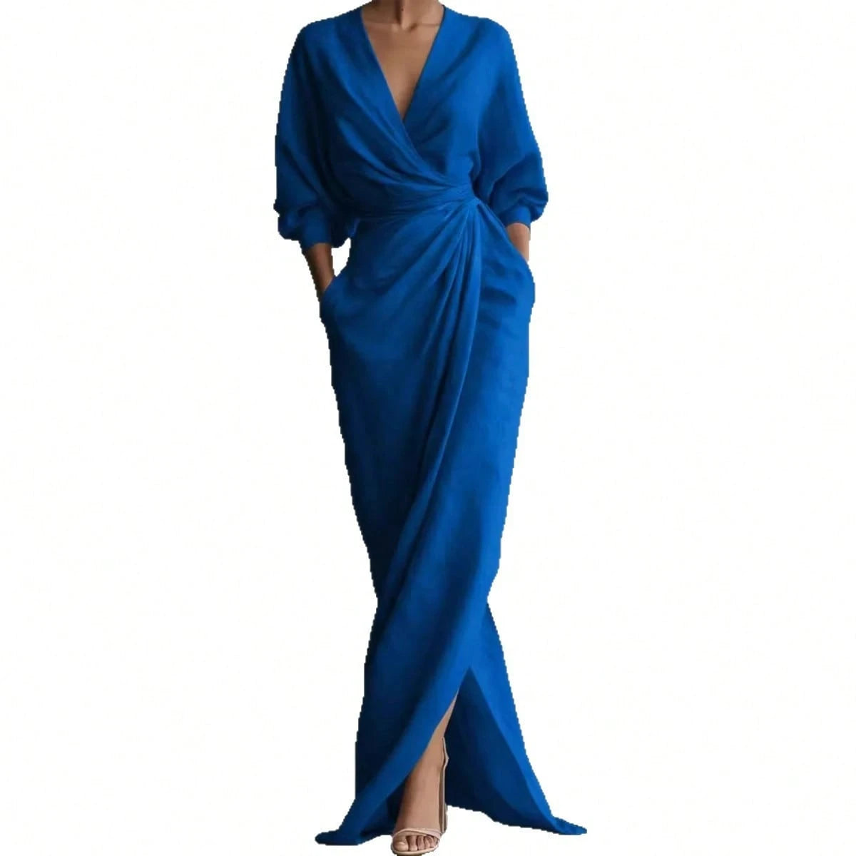 2026 New Solid V Neck Long Sleeve Dress Women Split Hem Waist Slim