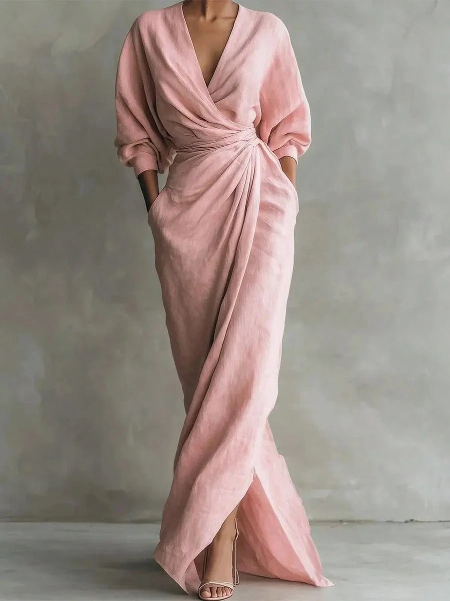 2026 New Solid V Neck Long Sleeve Dress Women Split Hem Waist Slim
