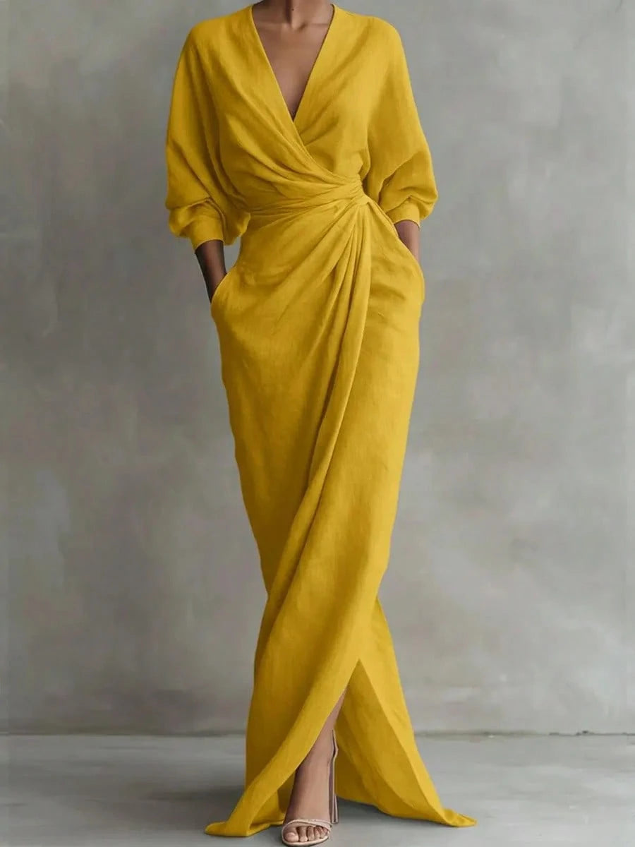 2026 New Solid V Neck Long Sleeve Dress Women Split Hem Waist Slim