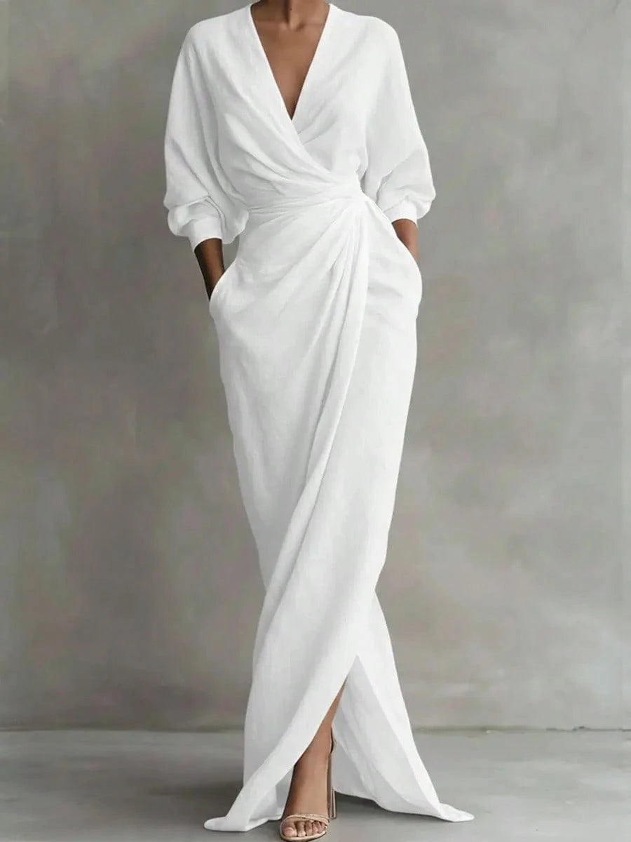 2026 New Solid V Neck Long Sleeve Dress Women Split Hem Waist Slim