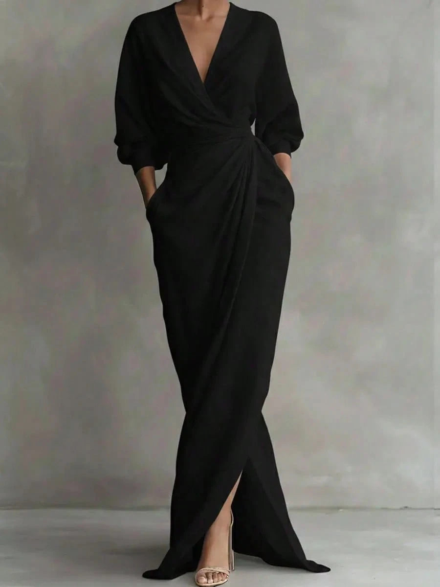2026 New Solid V Neck Long Sleeve Dress Women Split Hem Waist Slim With Pockets Midi Dress - image 10