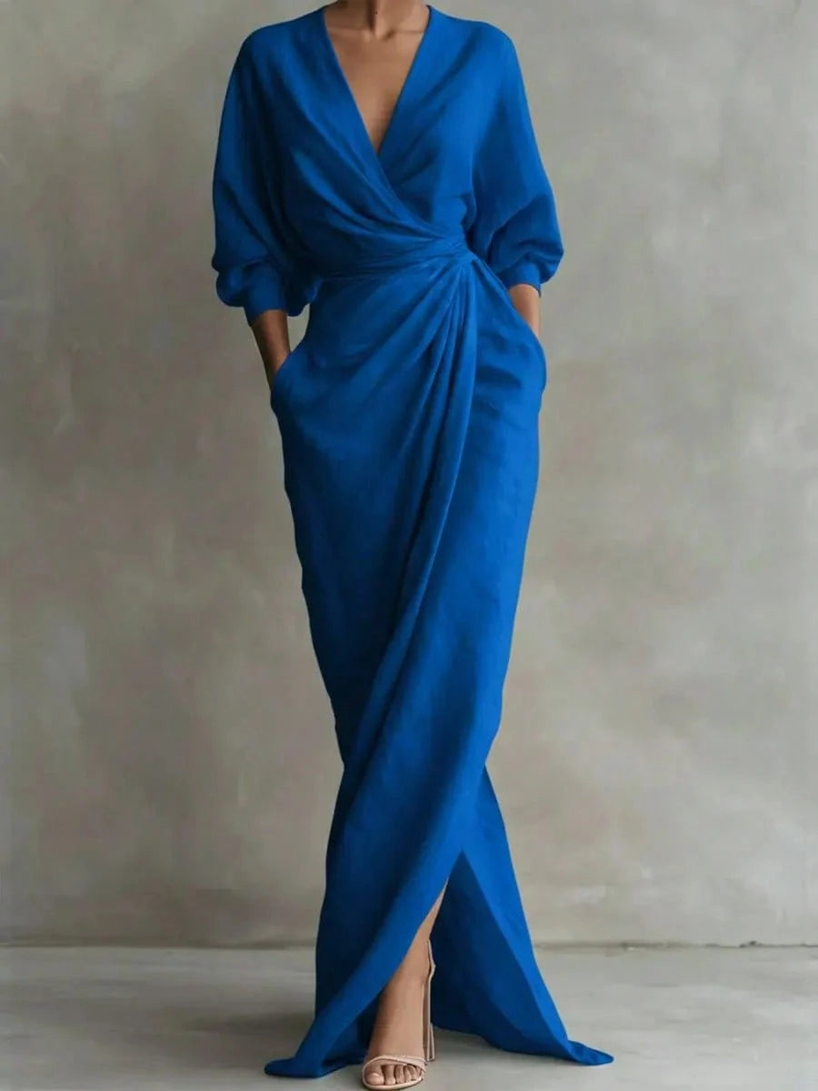 2026 New Solid V Neck Long Sleeve Dress Women Split Hem Waist Slim
