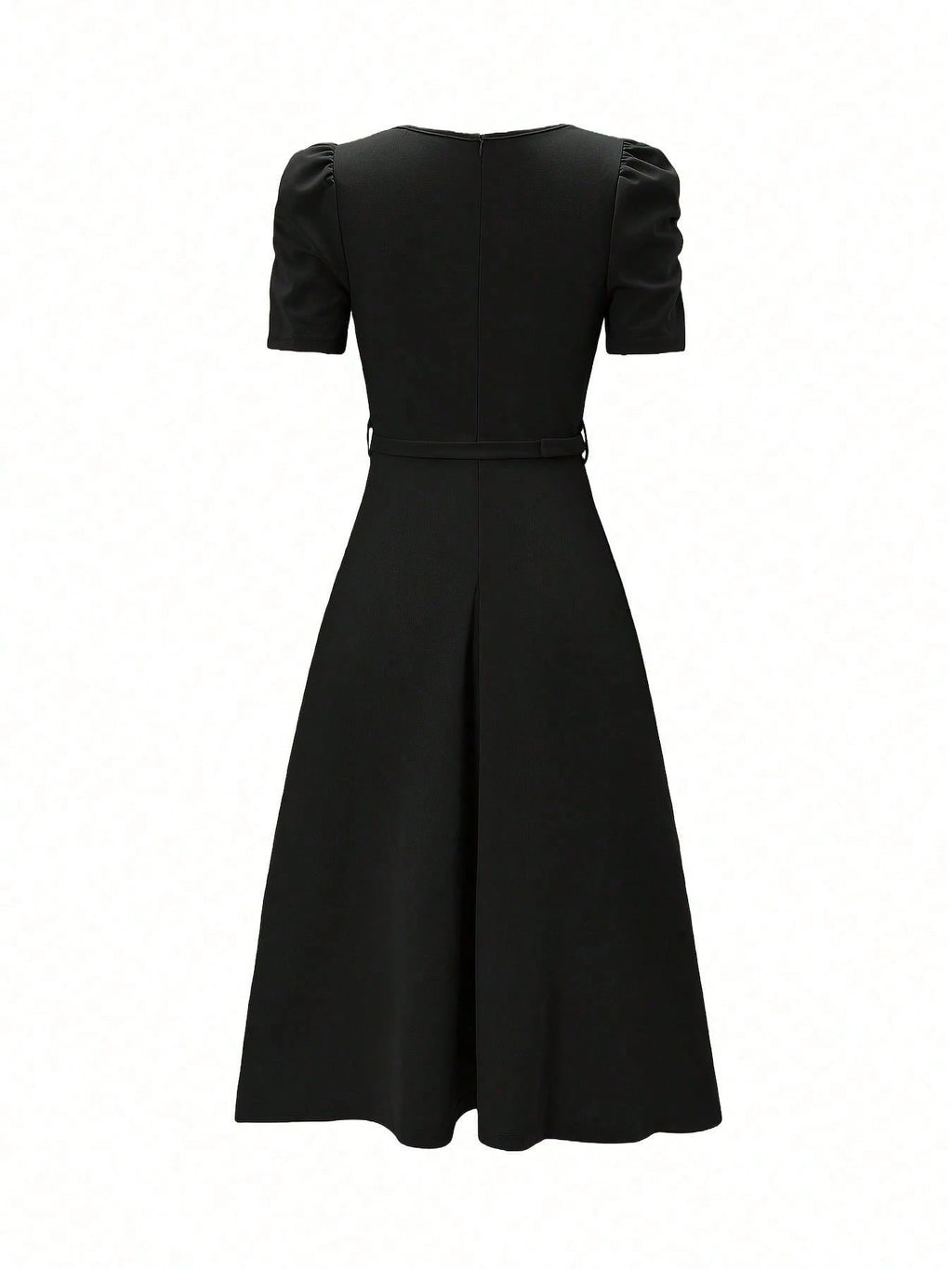 French Style Puff Sleeve Belted Midi Dress For Women - Elegant Crew