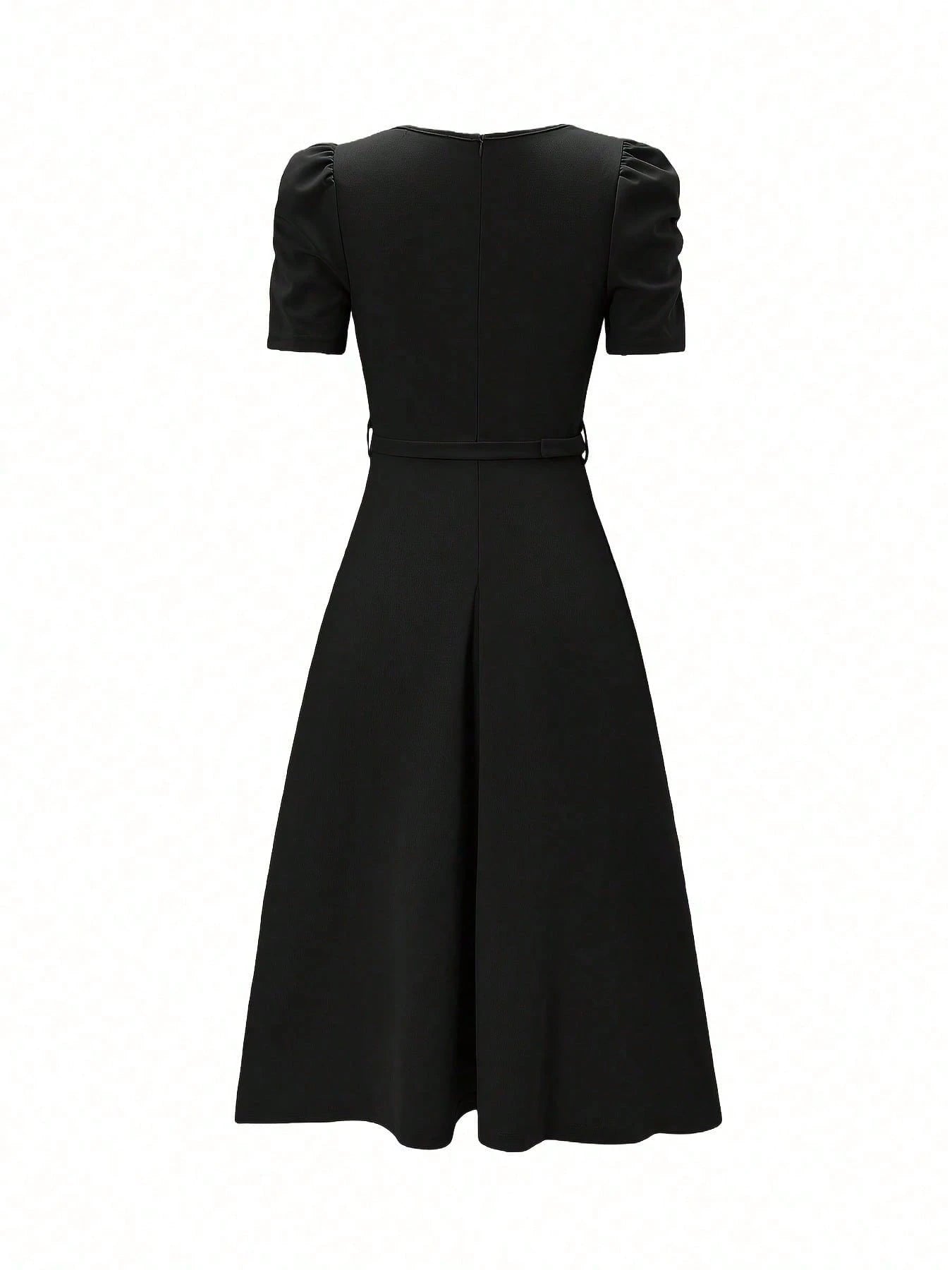 French Style Puff Sleeve Belted Midi Dress For Women - Elegant Crew