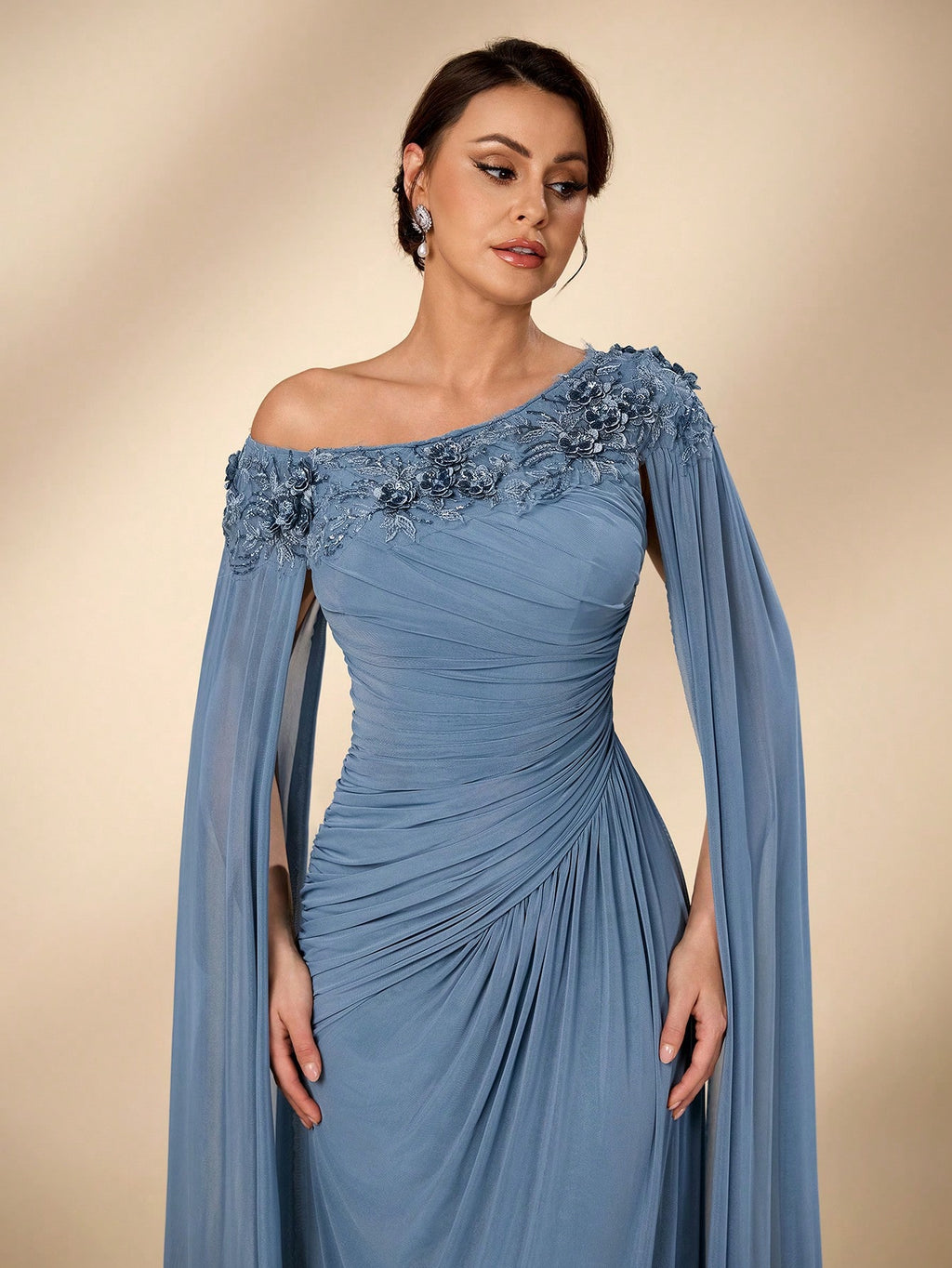 Serin Elegant Luxurious Beaded Sequin Lace Splice Elastic Knit Mesh Ruched Fishtail Skirt,Dusty Blue Summer - image 2