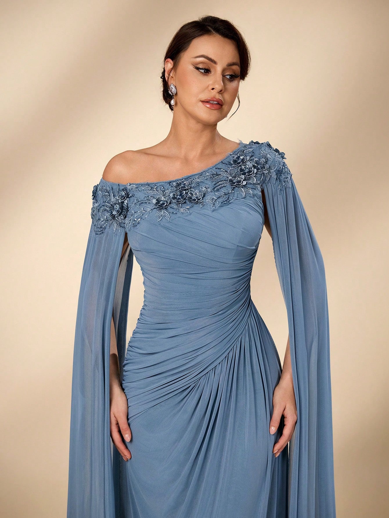 Serin Elegant Luxurious Beaded Sequin Lace Splice Elastic Knit Mesh Ruched Fishtail Skirt,Dusty Blue Summer - image 2