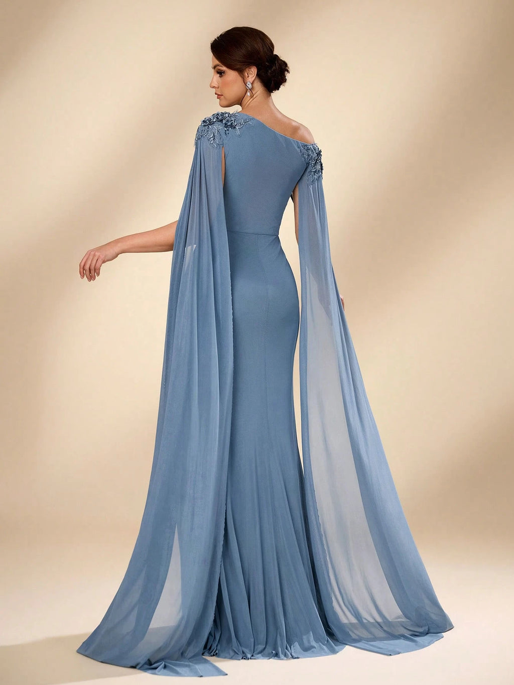 Serin Elegant Luxurious Beaded Sequin Lace Splice Elastic Knit Mesh Ruched Fishtail Skirt,Dusty Blue Summer - image 3