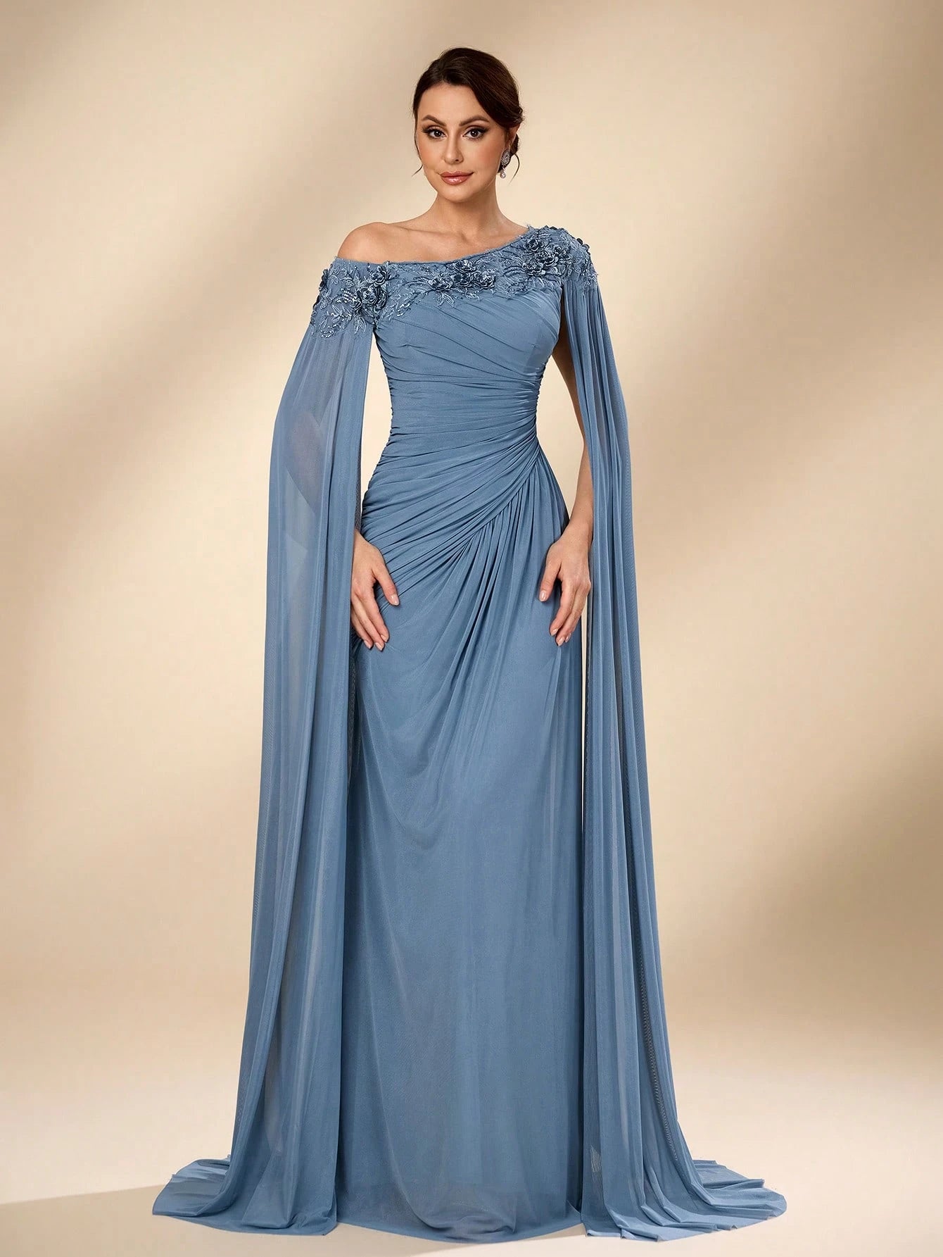 Serin Elegant Luxurious Beaded Sequin Lace Splice Elastic Knit Mesh Ruched Fishtail Skirt,Dusty Blue Summer - image 4
