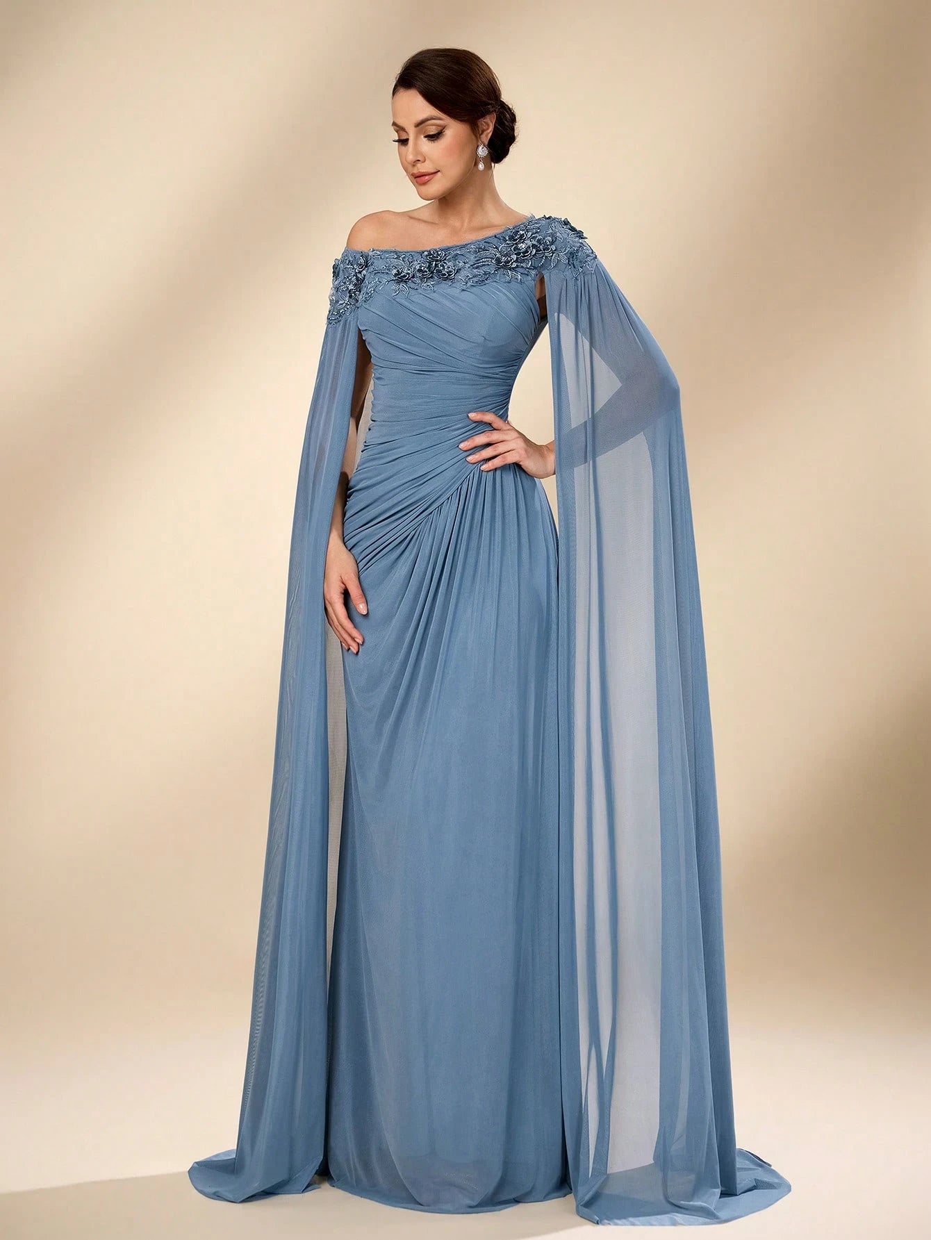 Serin Elegant Luxurious Beaded Sequin Lace Splice Elastic Knit Mesh Ruched Fishtail Skirt,Dusty Blue Summer - image 5