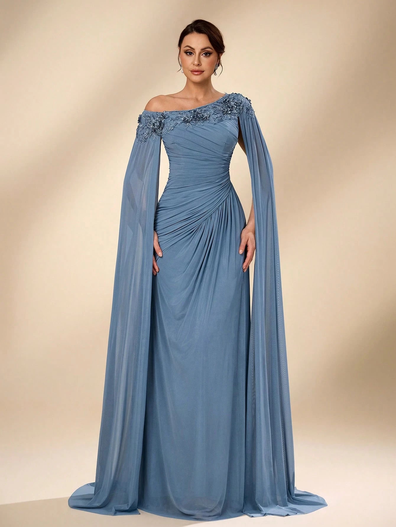 Serin Elegant Luxurious Beaded Sequin Lace Splice Elastic Knit Mesh Ruched Fishtail Skirt,Dusty Blue Summer - image 6
