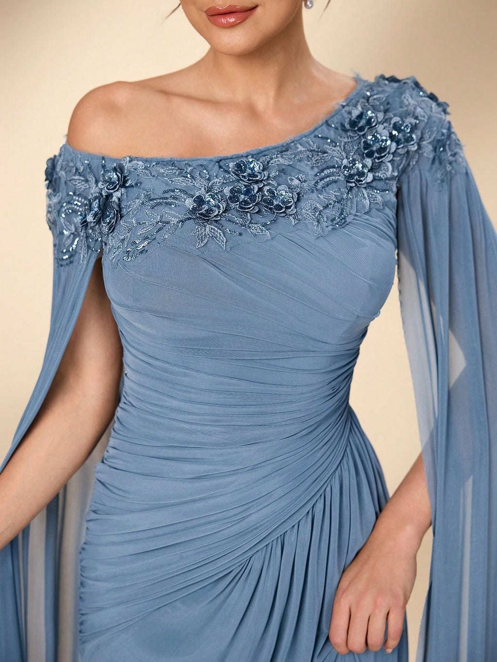 Serin Elegant Luxurious Beaded Sequin Lace Splice Elastic Knit Mesh Ruched Fishtail Skirt,Dusty Blue Summer - image 7