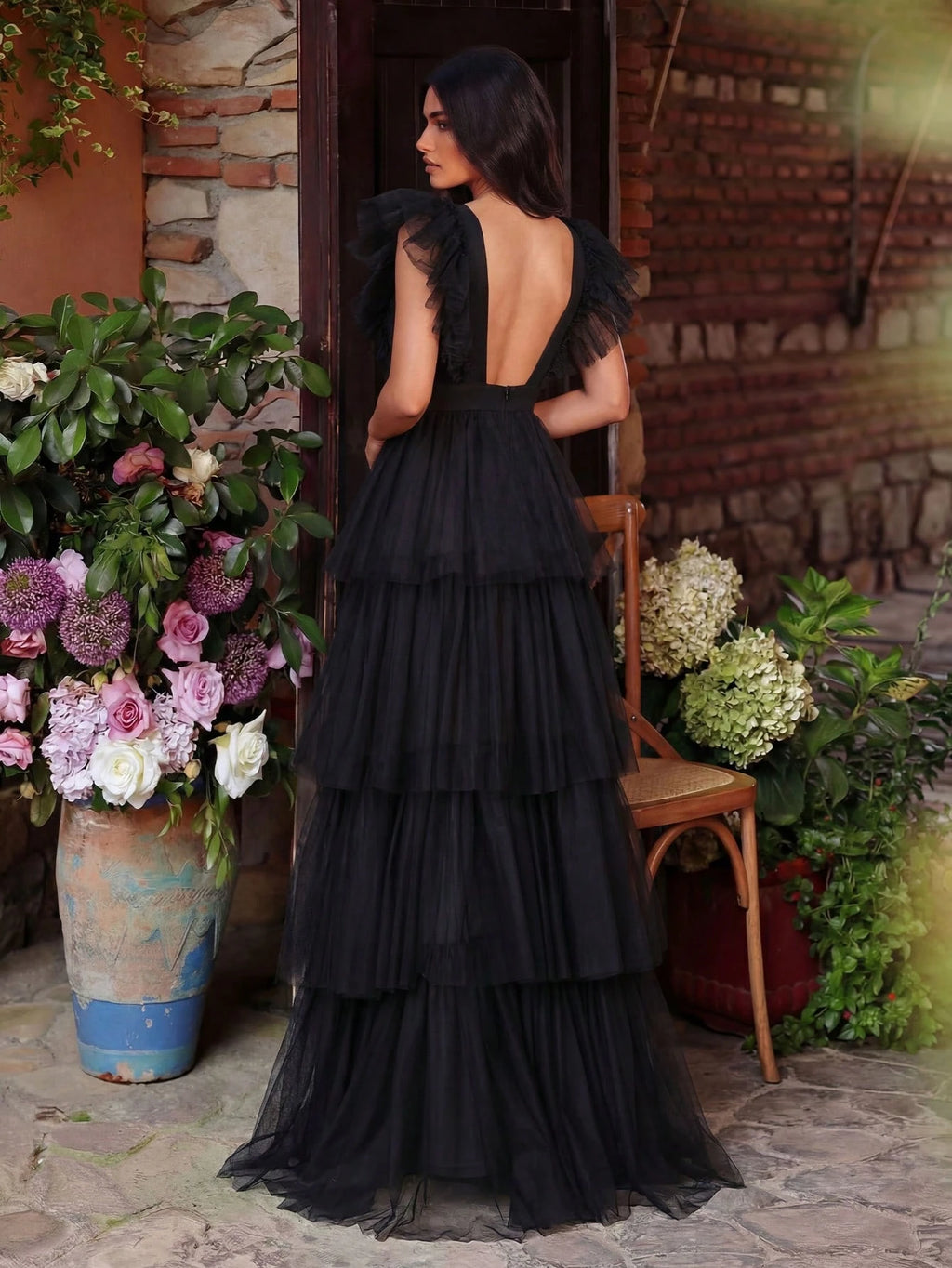 Plunging Neck Ruffle Trim Mesh Overlay Dress - image 2
