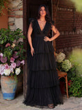 Plunging Neck Ruffle Trim Mesh Overlay Dress