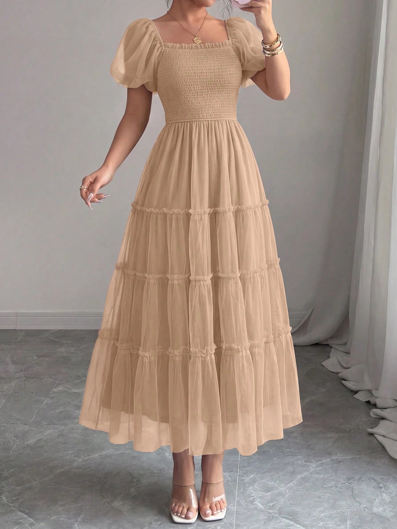 PRETTYGARDEN Women's Summer Smocked Midi Tulle Dress Puffy Short