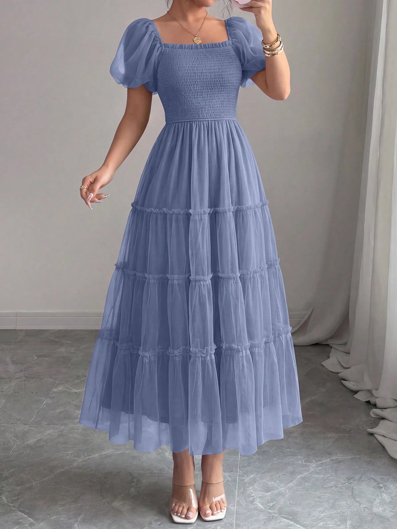 PRETTYGARDEN Women's Summer Smocked Midi Tulle Dress Puffy Short