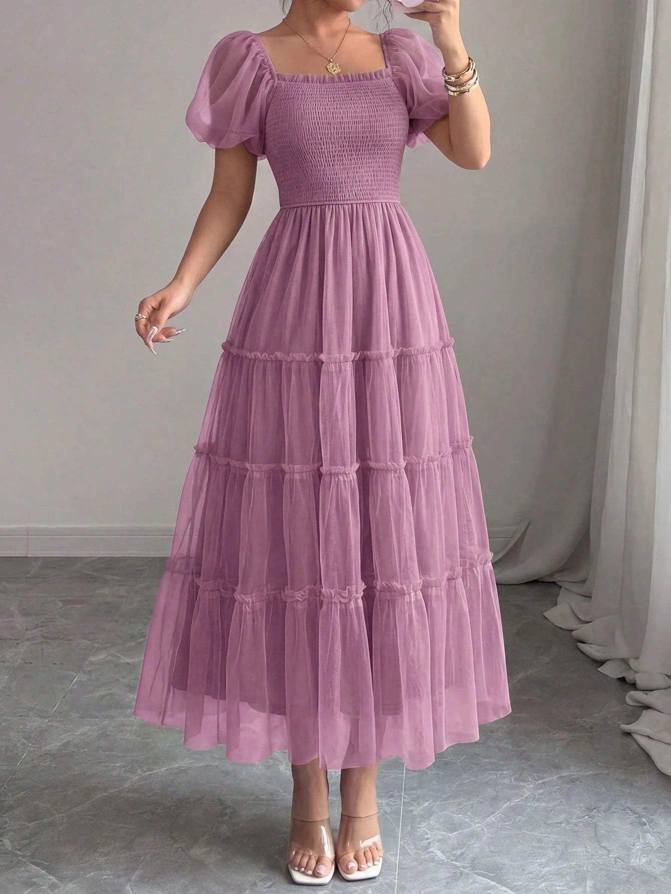 PRETTYGARDEN Women's Summer Smocked Midi Tulle Dress Puffy Short