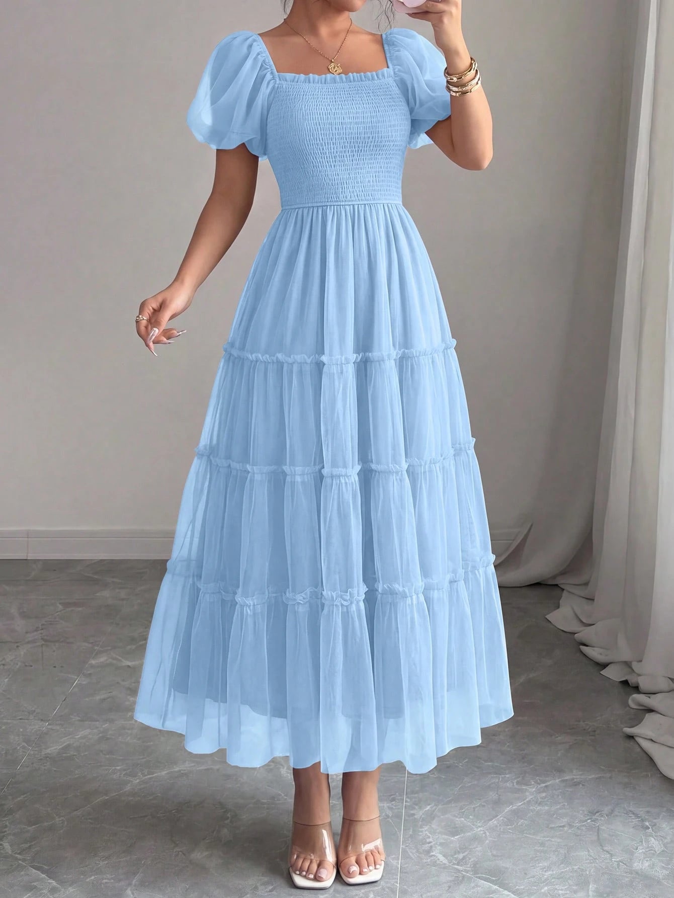 PRETTYGARDEN Women's Summer Smocked Midi Tulle Dress Puffy Short