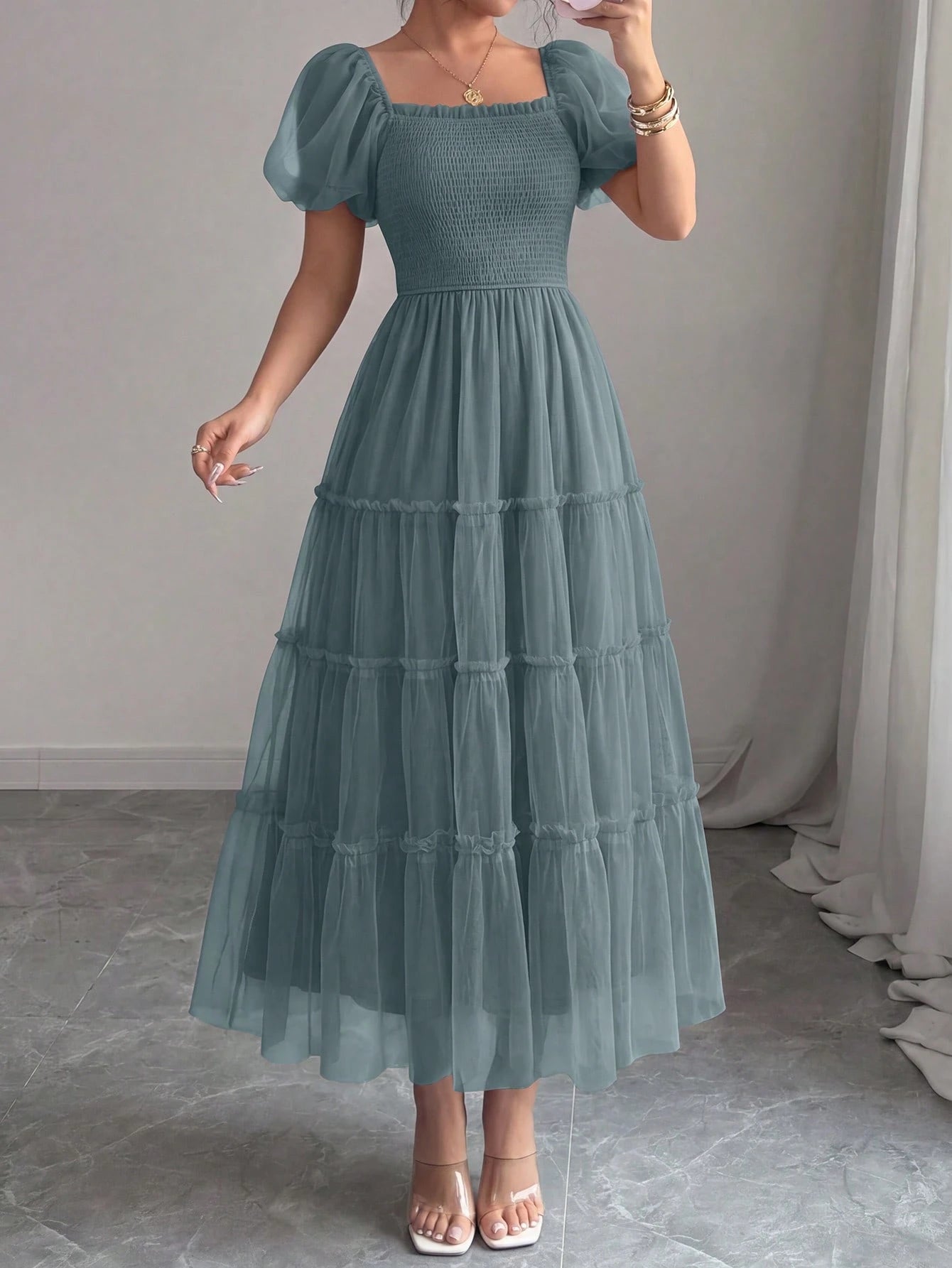 PRETTYGARDEN Women's Summer Smocked Midi Tulle Dress Puffy Short