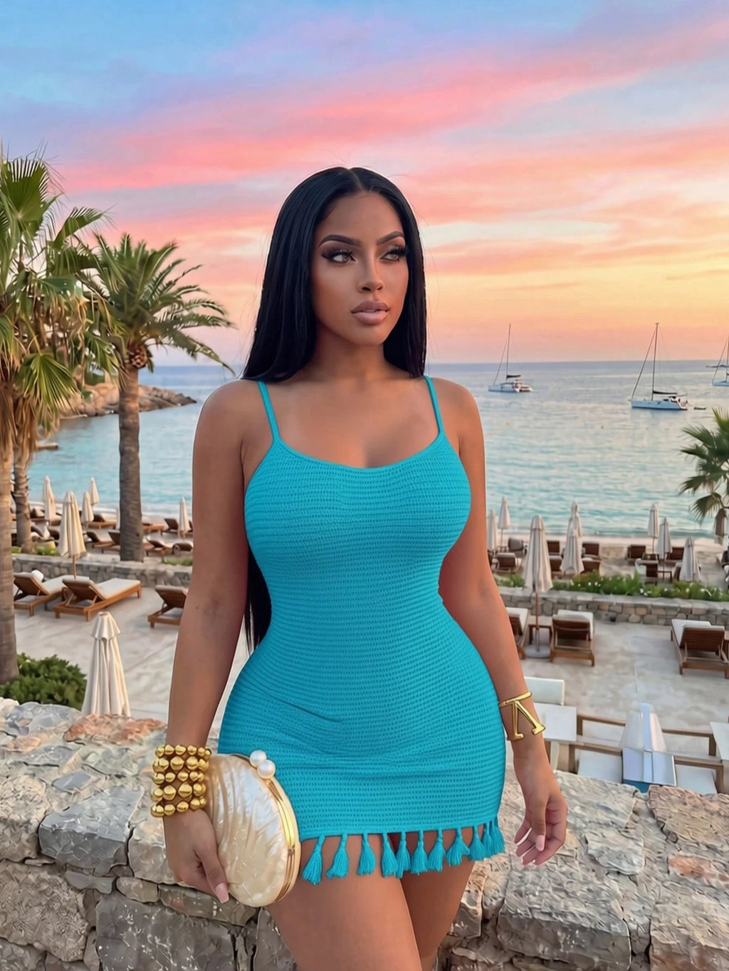 Slaydiva Spring Summer Teal Blue Holiday U-Neck Cross Back Backless