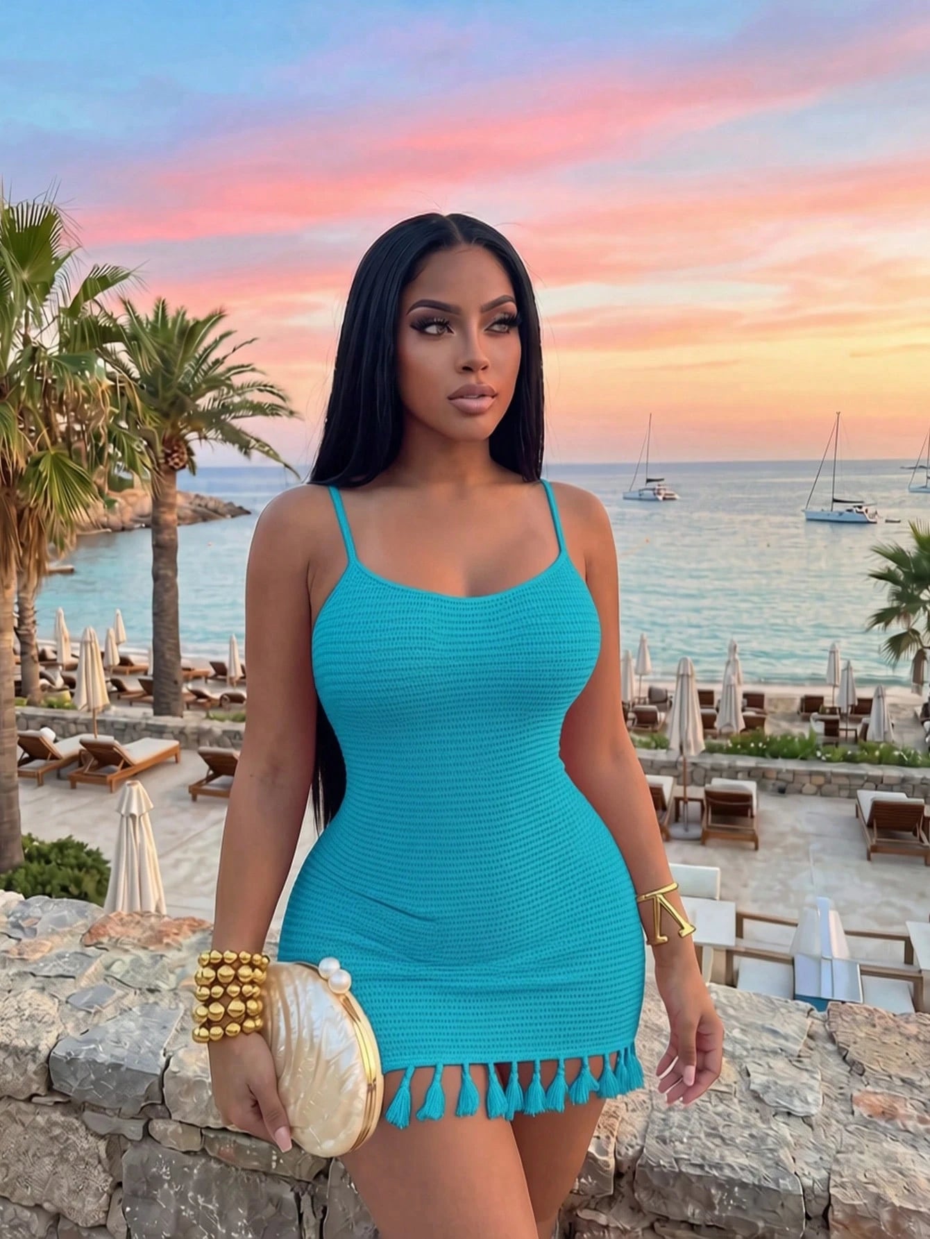 Slaydiva Spring Summer Teal Blue Holiday U-Neck Cross Back Backless