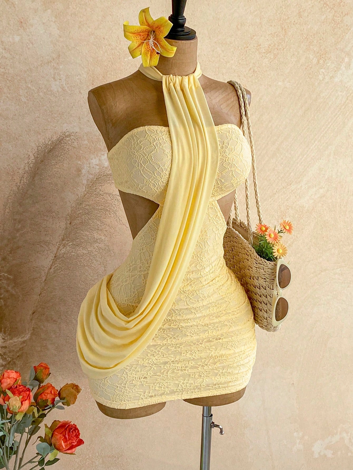 Soleia Women's Summer Khaki Bandage Vacation Bodycon Mini