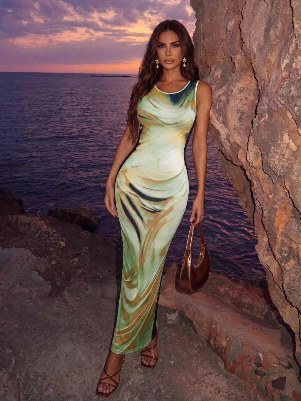 Rafferiza Women's Tie-Dye Print Fitted Dress, Summer Long Dress, Green Long Dress Maxi Women Outfit - image 8