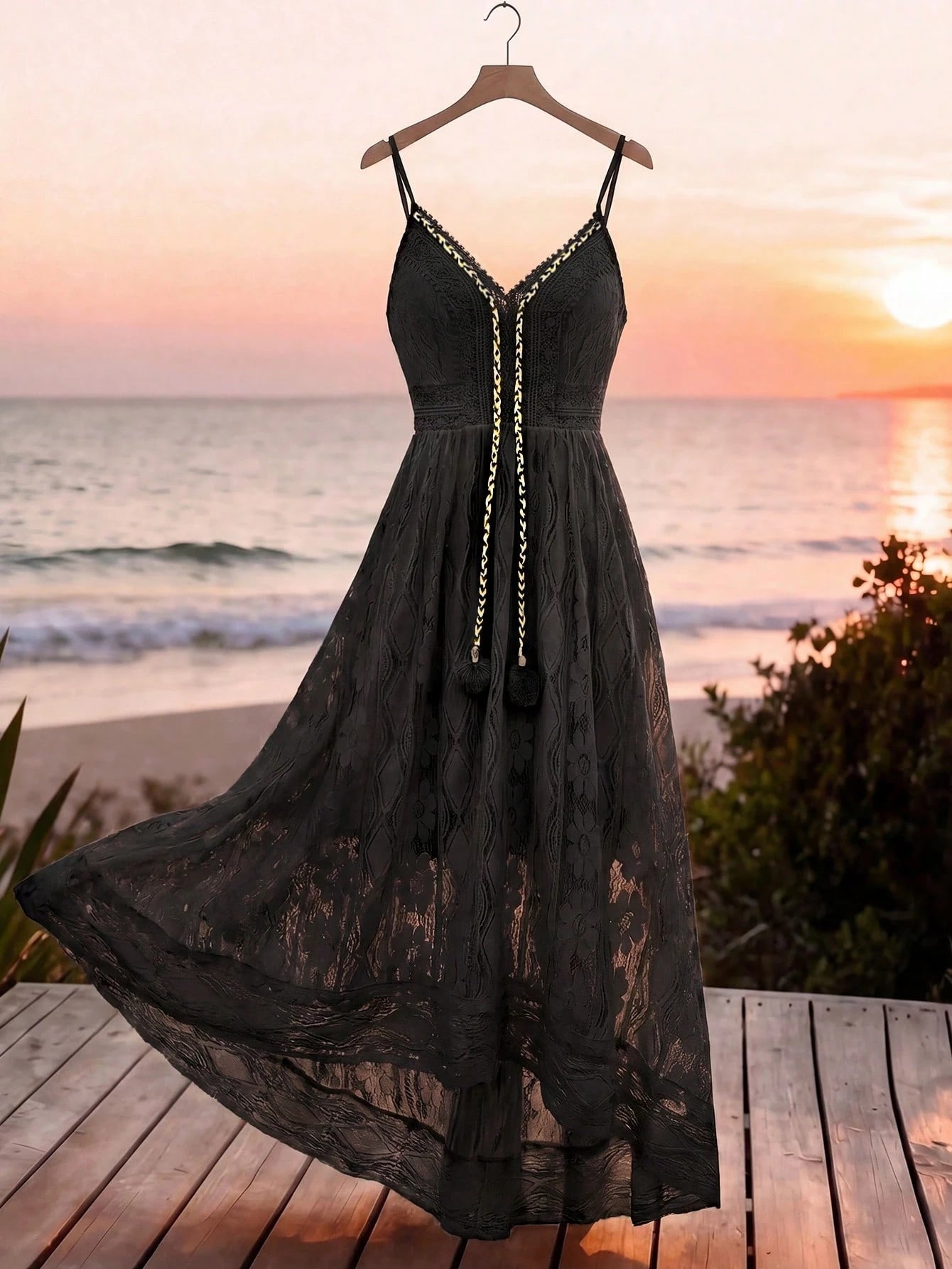 Qadelle Women's Elegant Contrast Lace Pompom Design Maxi Slip Dress
