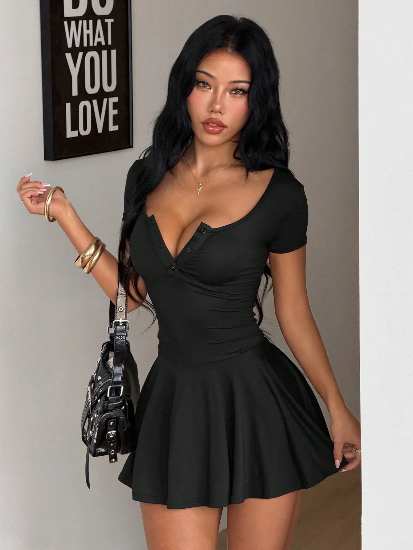 Coolane Women's Summer Pure And Grunge Preppy Casual Button Down Fitted Short Dress Ribbed Women Black - image 3