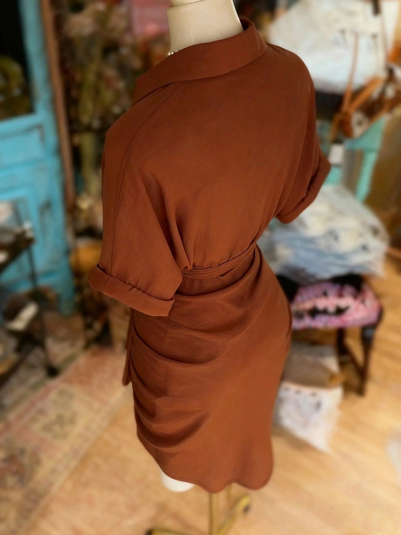 EMERY ROSE Collared Single-Breasted Tie-Waist Short Sleeve Shirt Dress - image 7