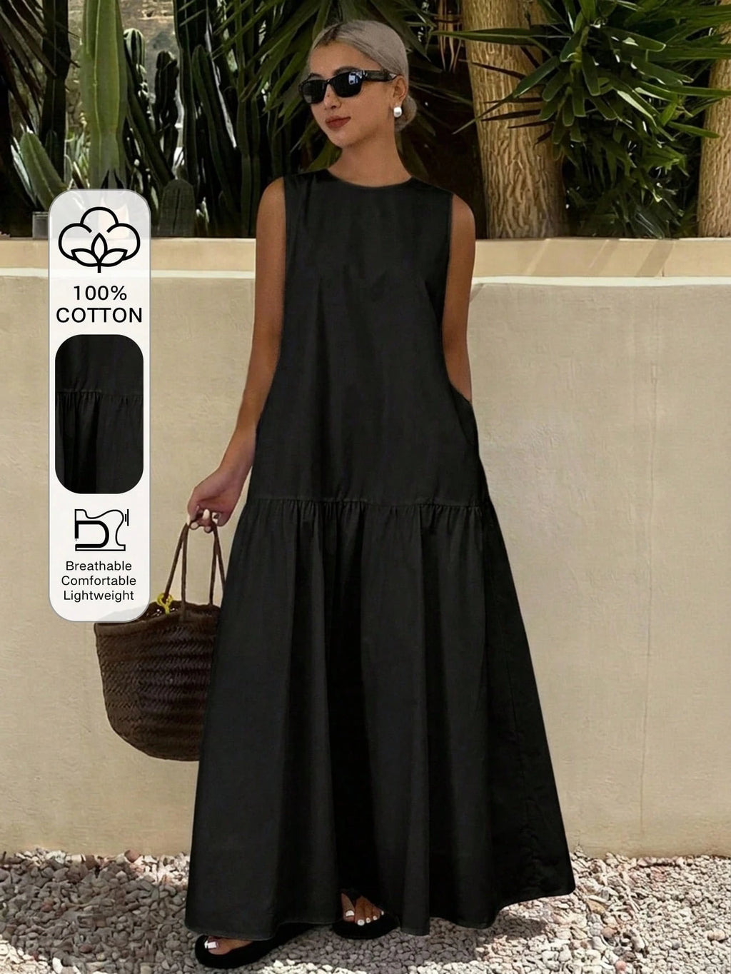 Livesso Women's Casual Solid Color Sleeveless Long Dress, Summer