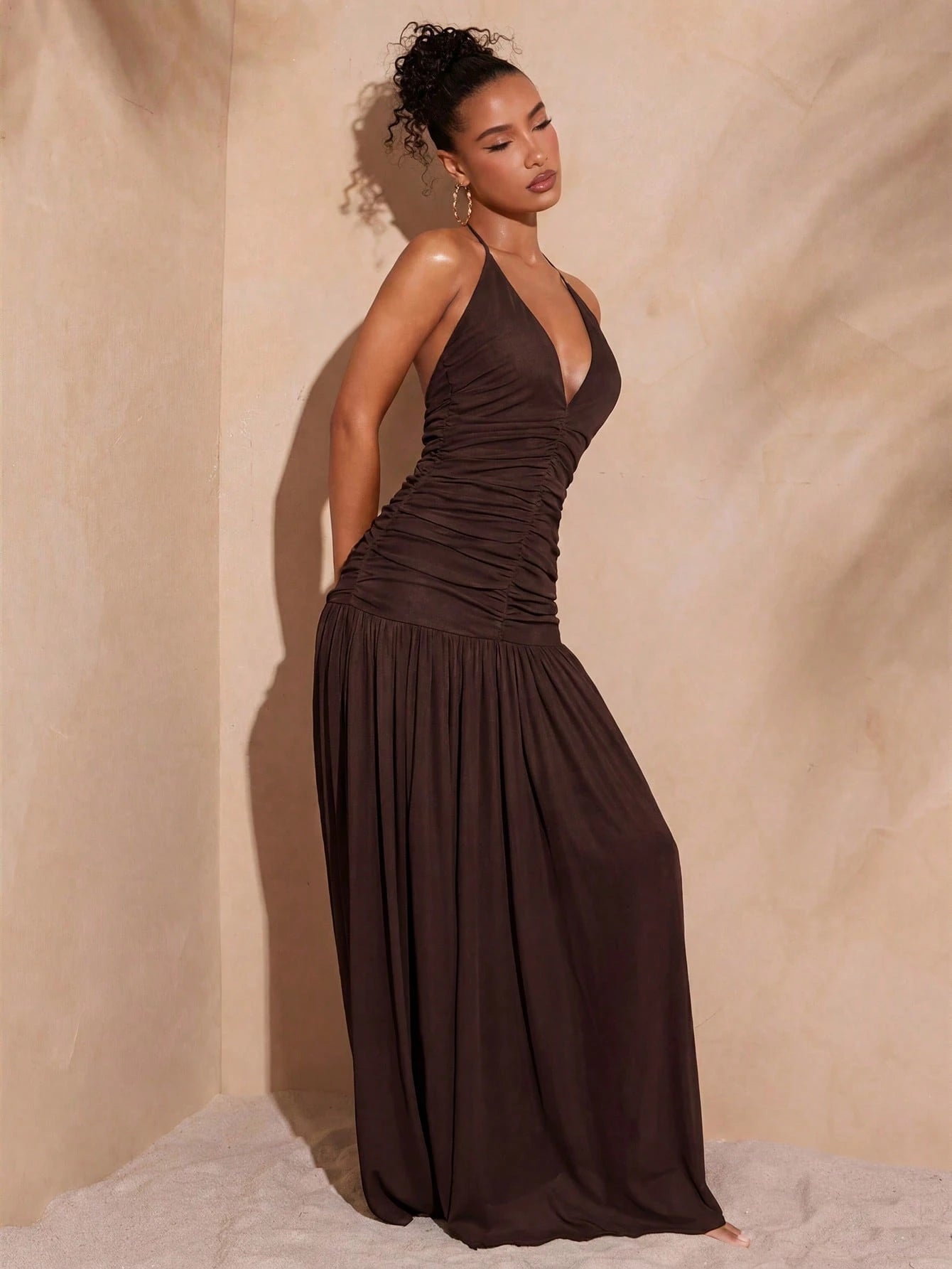 Hauture Sexy Summer Vacation Abstract Printed Deep Plunge Ruched