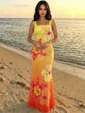 Modelyn Elegant Gradient Yellow-Orange Shoulder Strap Mermaid Dress, Charming Lady, Fashionable, Graceful