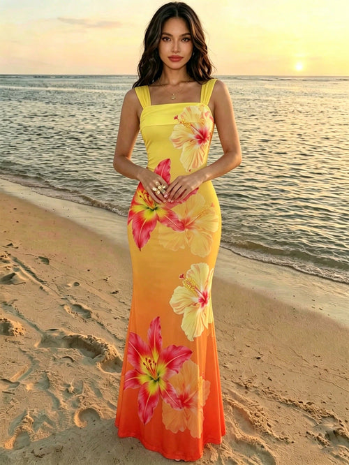 Modelyn Elegant Gradient Yellow-Orange Shoulder Strap Mermaid Dress, Charming Lady, Fashionable, Graceful