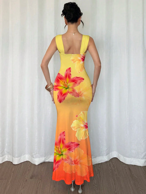 Modelyn Elegant Gradient Yellow-Orange Shoulder Strap Mermaid Dress, Charming Lady, Fashionable, Graceful - image 2