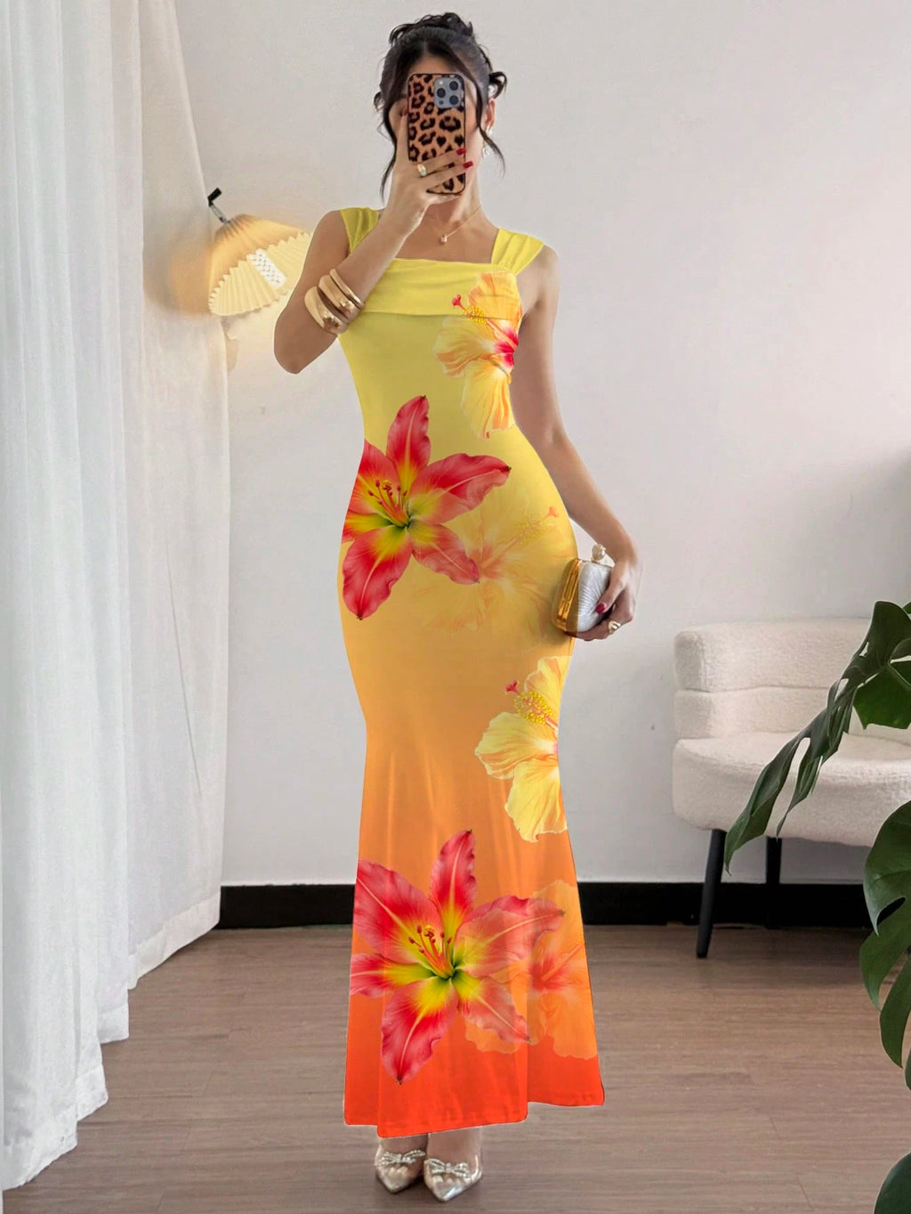 Modelyn Elegant Gradient Yellow-Orange Shoulder Strap Mermaid Dress, Charming Lady, Fashionable, Graceful - image 3