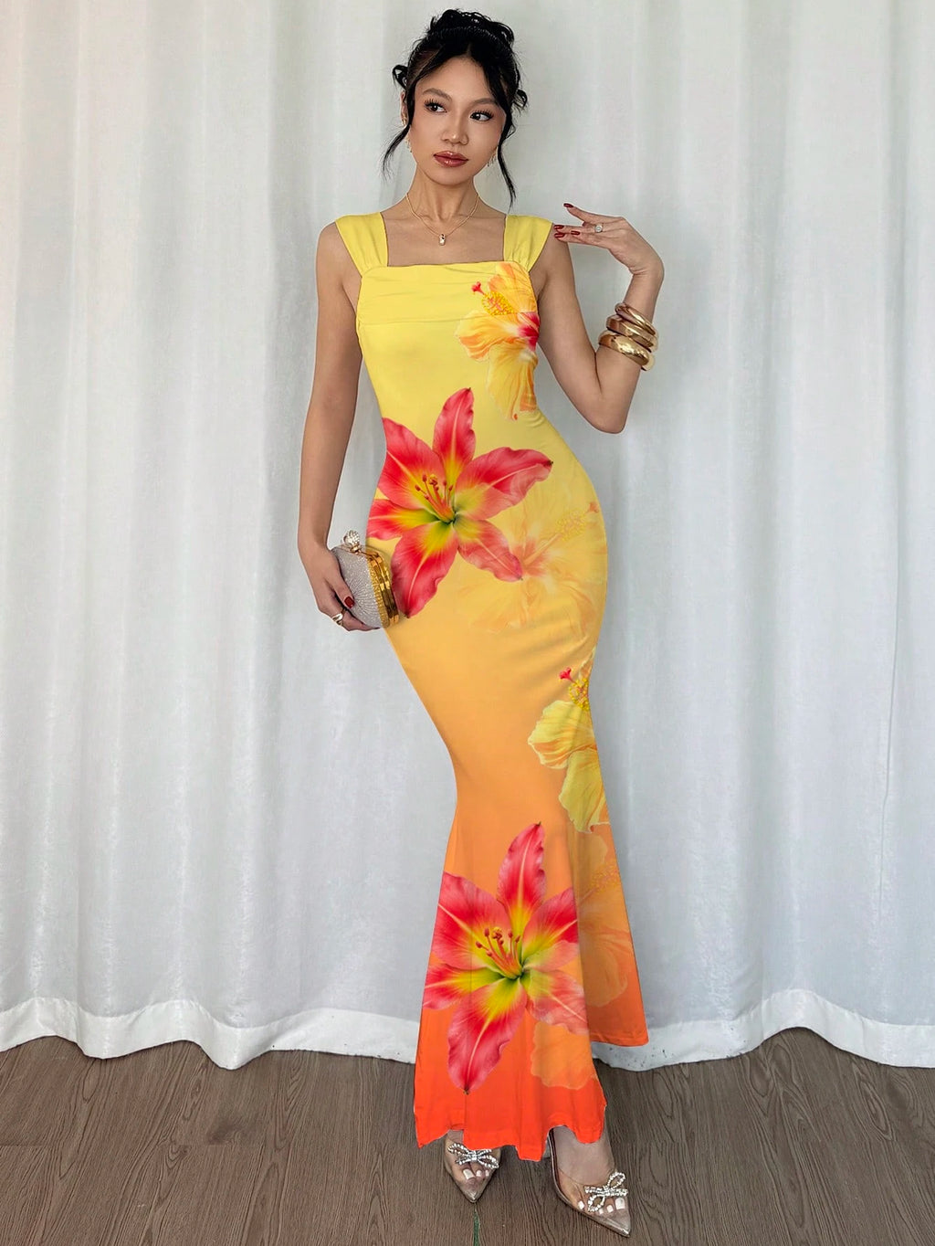 Modelyn Elegant Gradient Yellow-Orange Shoulder Strap Mermaid Dress, Charming Lady, Fashionable, Graceful - image 4