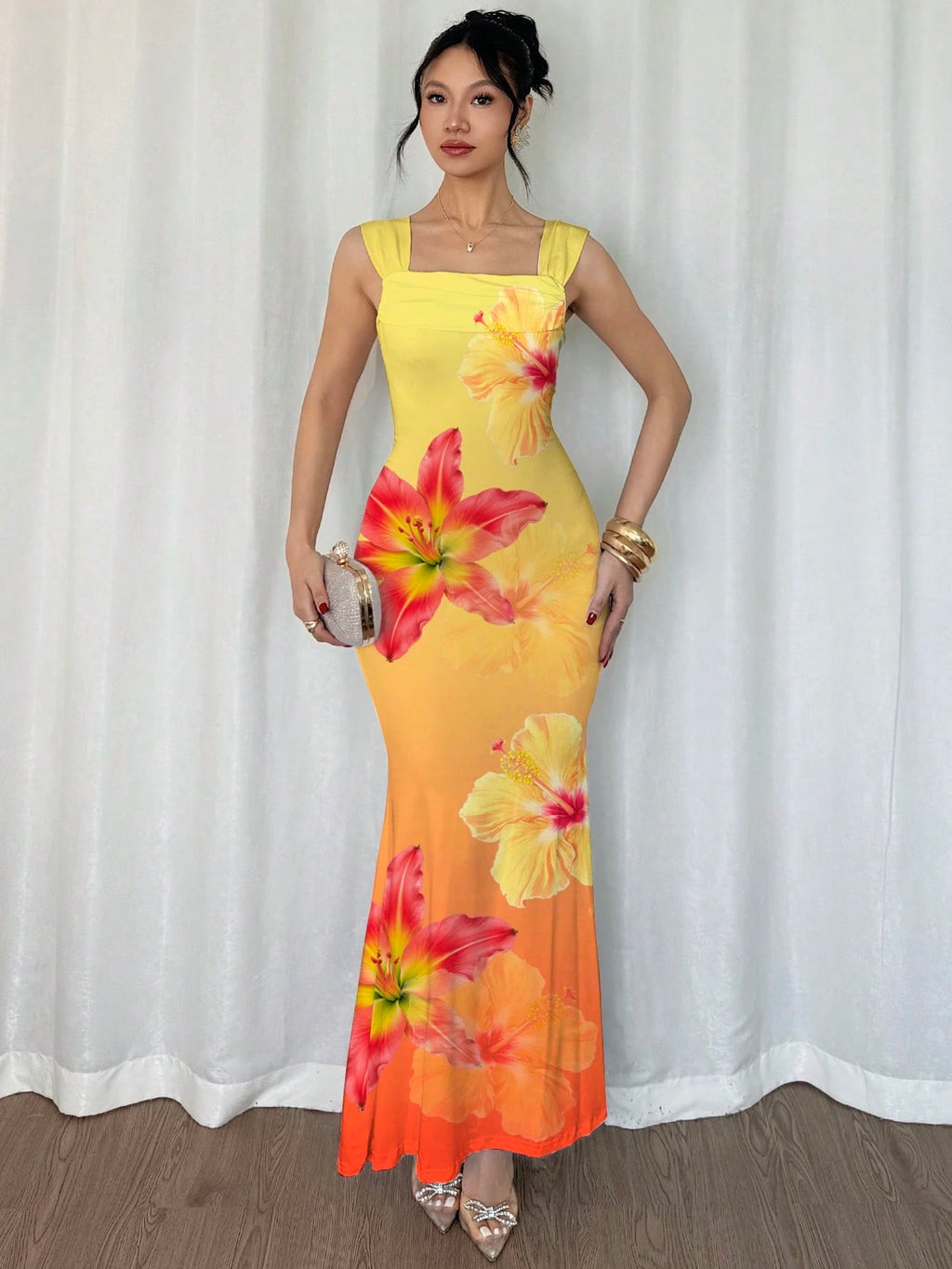 Modelyn Elegant Gradient Yellow-Orange Shoulder Strap Mermaid Dress, Charming Lady, Fashionable, Graceful - image 6