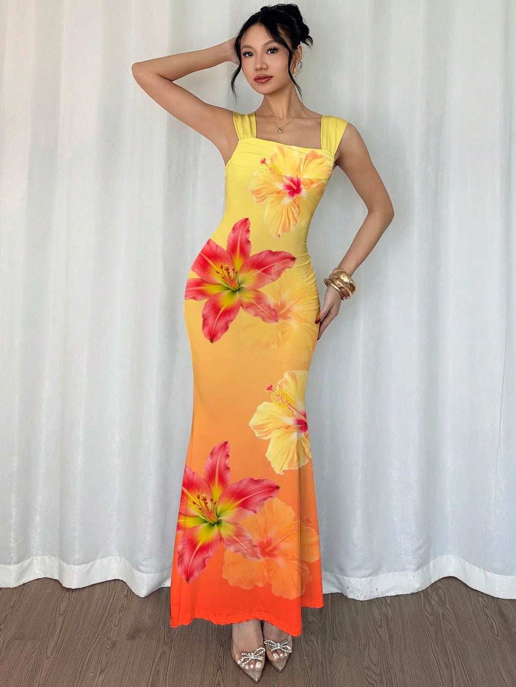 Modelyn Elegant Gradient Yellow-Orange Shoulder Strap Mermaid Dress, Charming Lady, Fashionable, Graceful - image 7