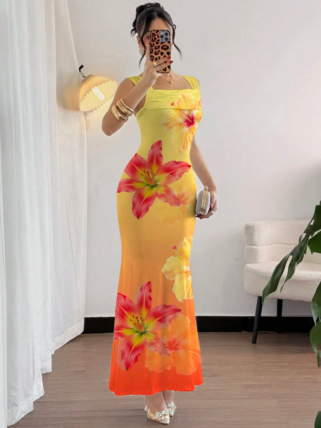 Modelyn Elegant Gradient Yellow-Orange Shoulder Strap Mermaid Dress, Charming Lady, Fashionable, Graceful - image 8