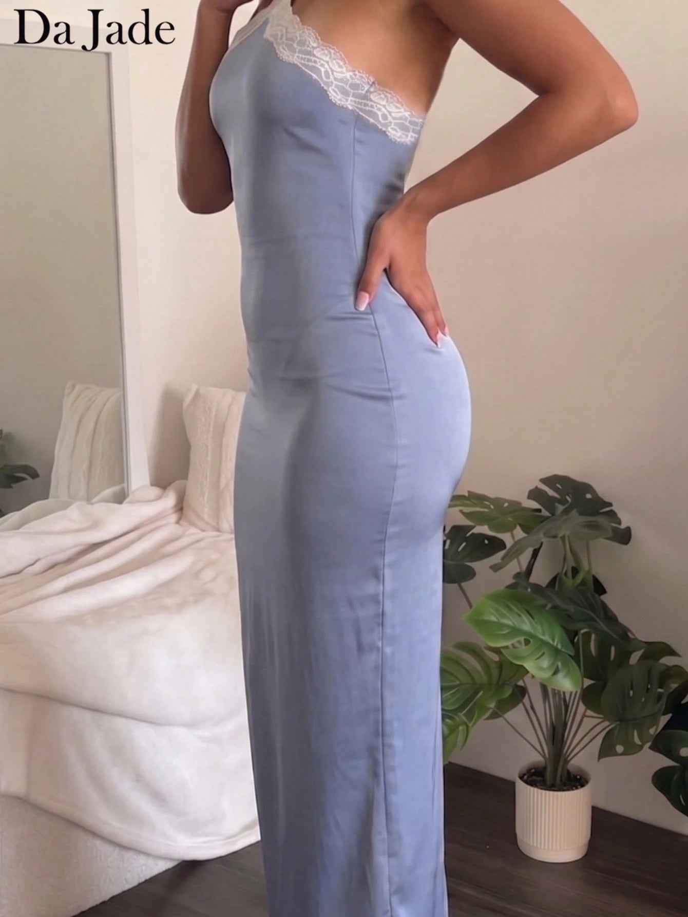 Da Jade Elegant French Lace Trim Halter Tie Glossy Satin Midi Bodycon Dress, Cross Open Back Slim Fit Curvy - image 4