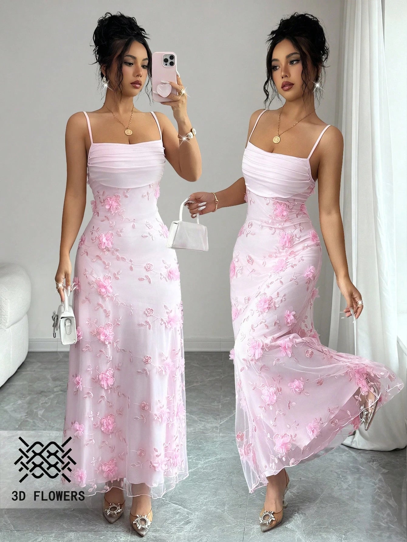 Elenzga Women's Elegant Ruffle Floral Decor Slip Dress