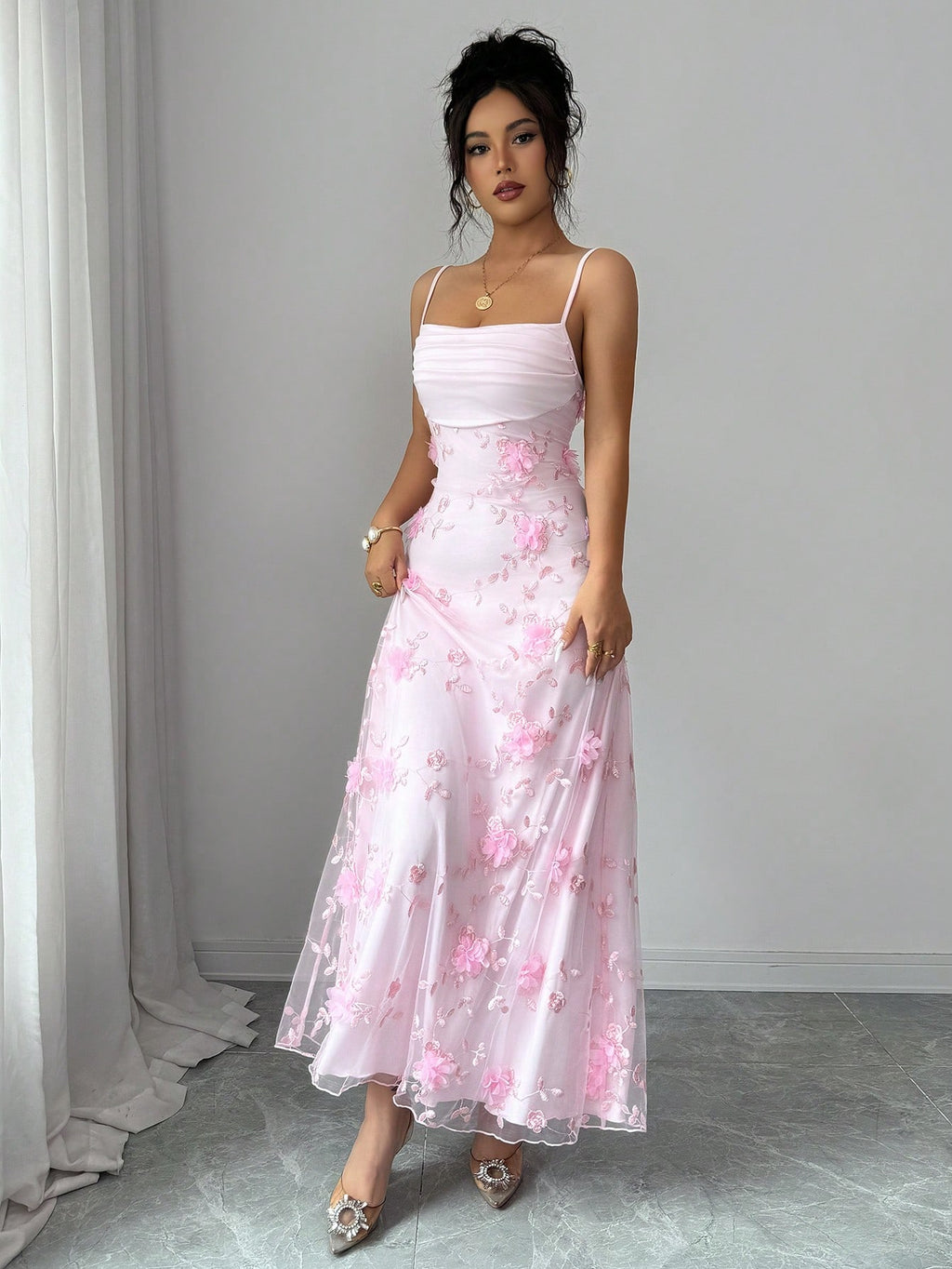 Elenzga Women's Elegant Ruffle Floral Decor Slip Dress - image 7