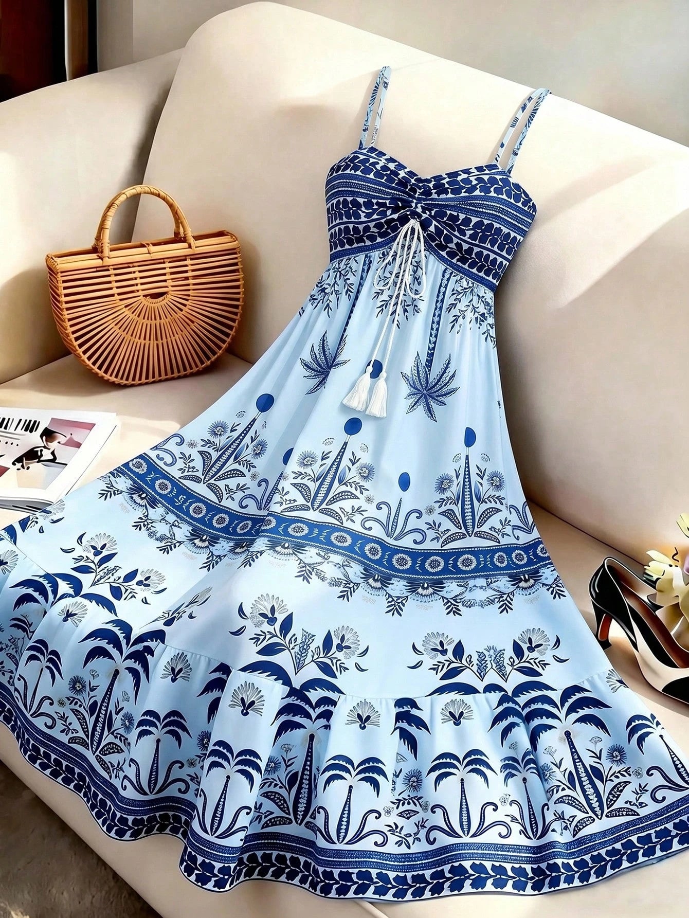 GlowEve Women's White And Blue Floral Summer Boho Beach Vacation