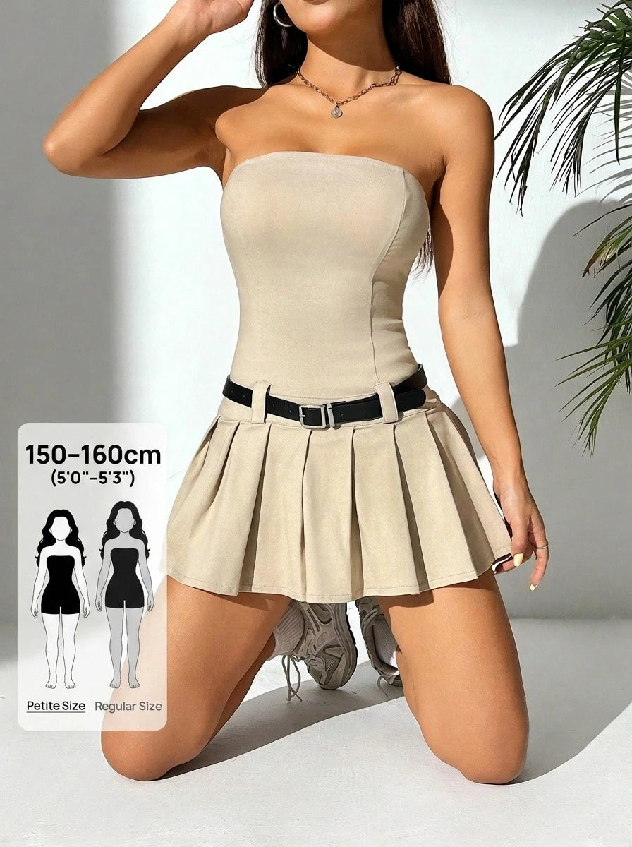 PETITE Women's Solid Color Pleated Hem Bandeau Dress,Sun Dress