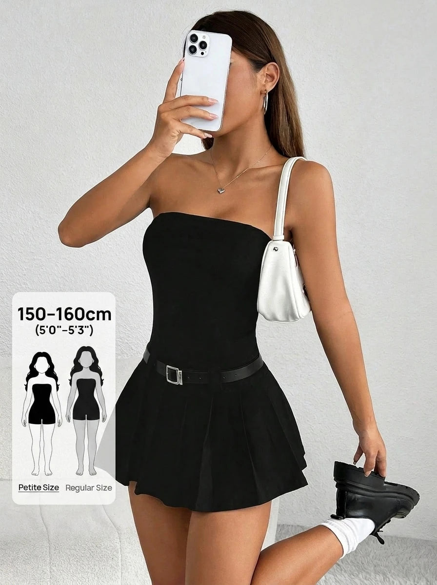 PETITE Women's Solid Color Pleated Hem Bandeau Dress,Sun Dress